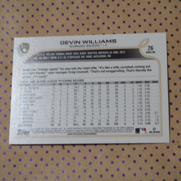 Devin Williams #26 Baseball Card - Picture 2 of 2